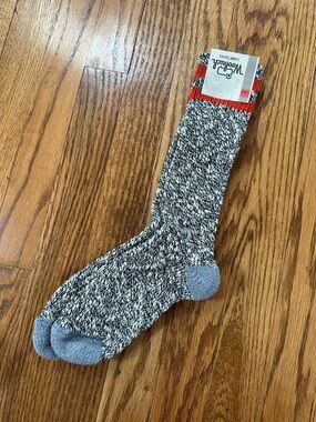 NEW Woolrich Marled Knit Black & White Crew Socks with Red Varsity Stripe Cuff